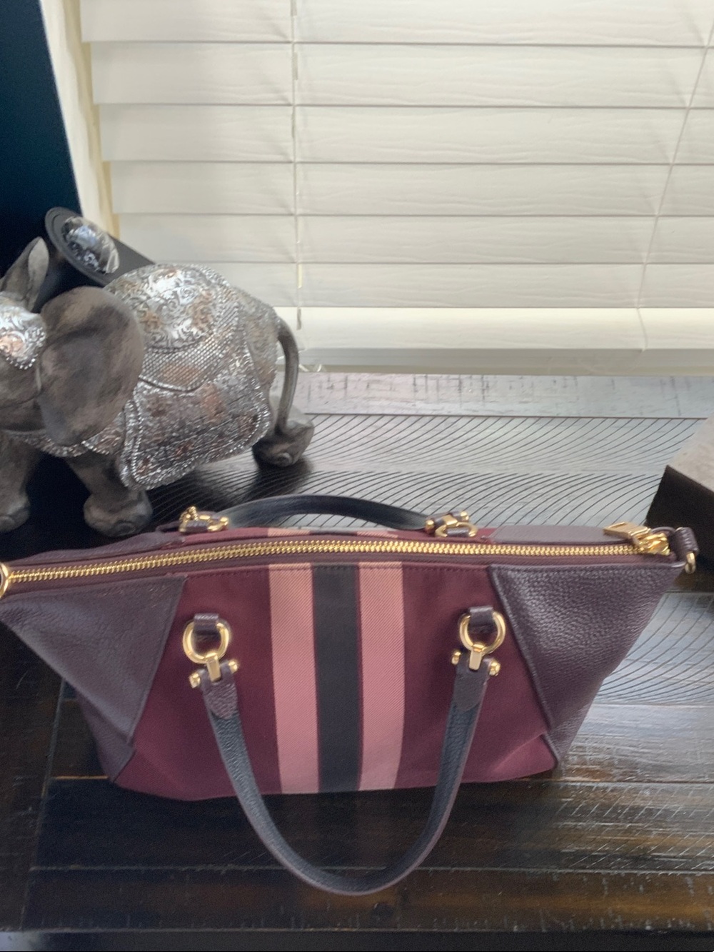 Coach Burgundy and Pink Stripe Satchel with Gold Hardware - Picture 4 of 8